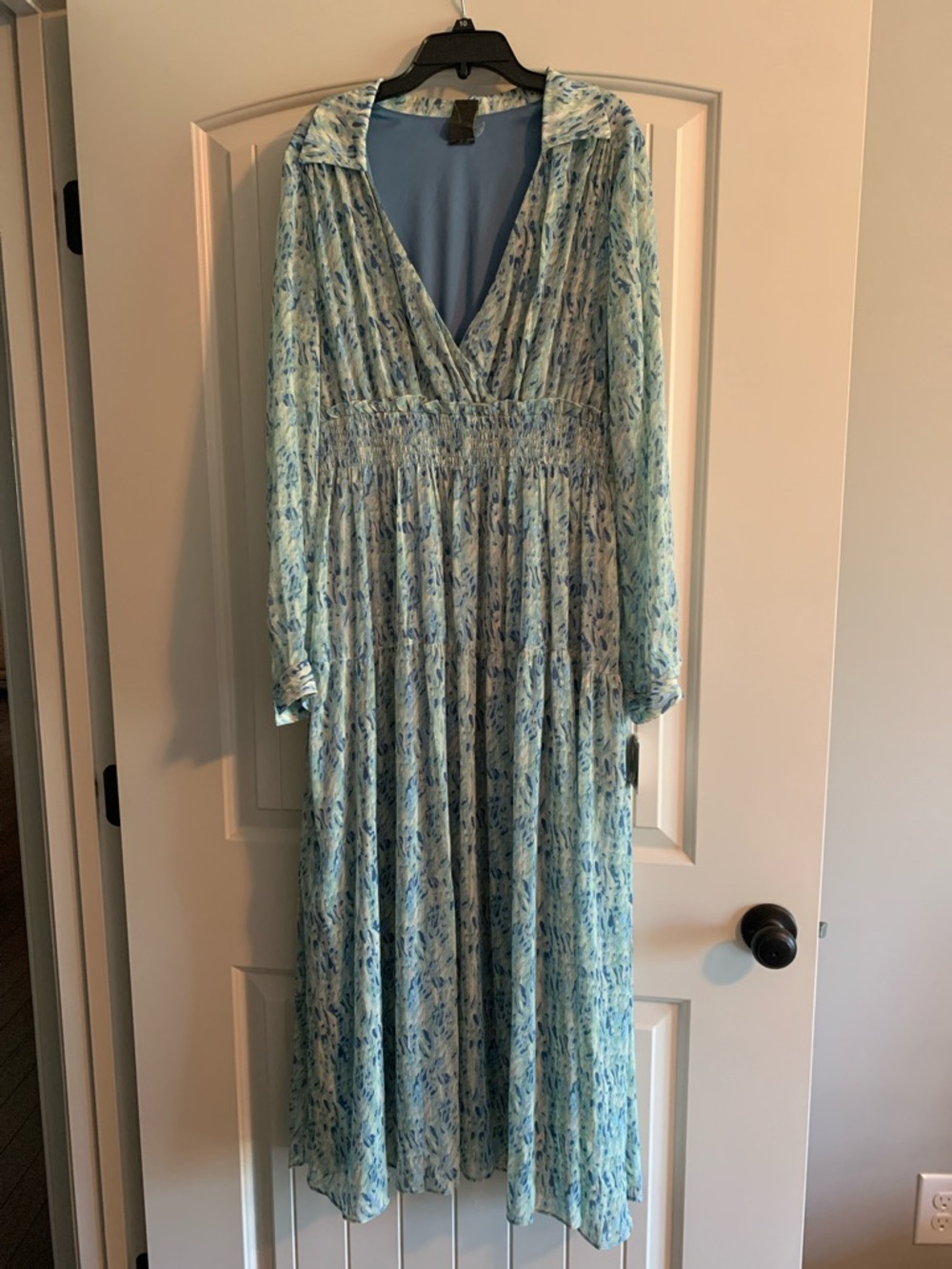 Light Blue Printed Long Sleeve Maxi Dress